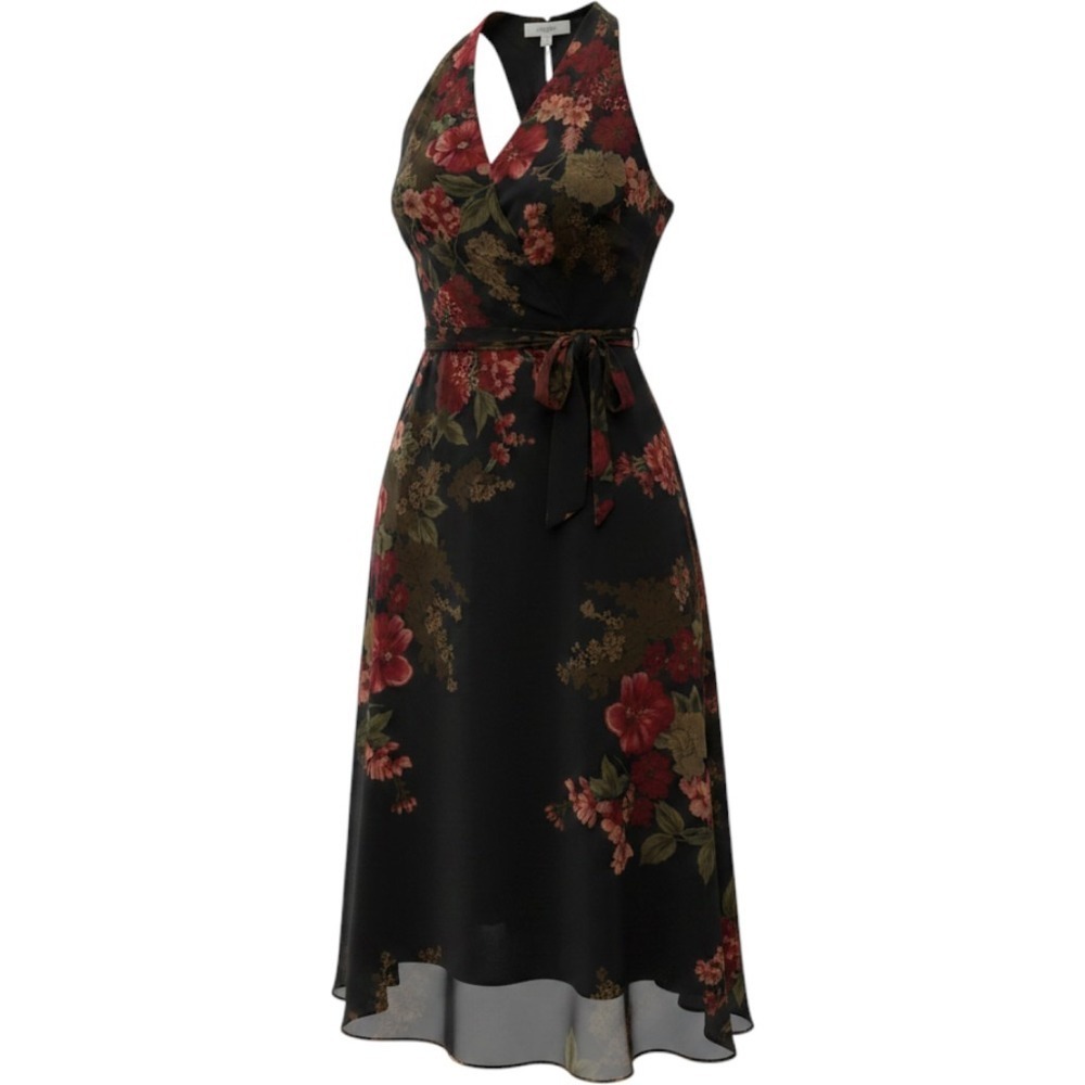 David Warren New York Black Floral Halter‎ Midi Dress with Tie Belt Size 6
